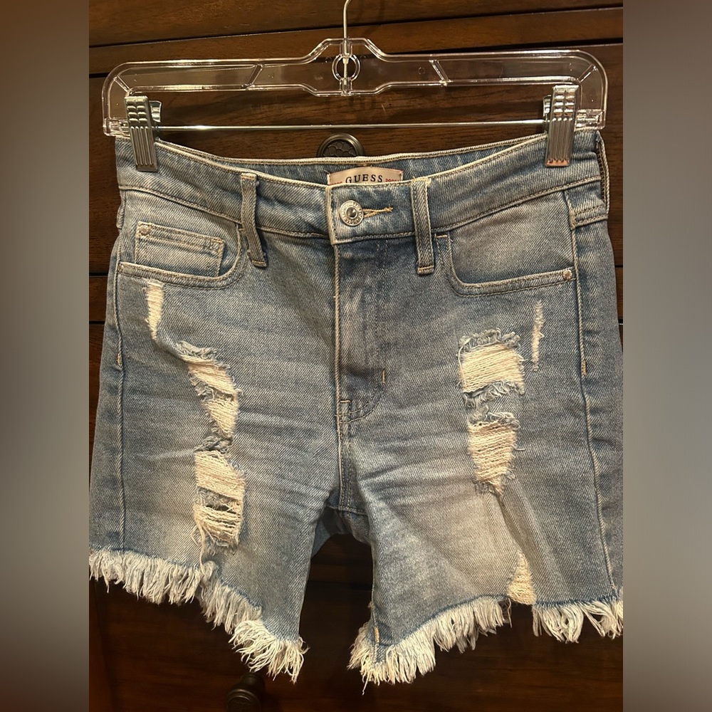 Guess High waist light blue distressed Denim shorts, size 26.